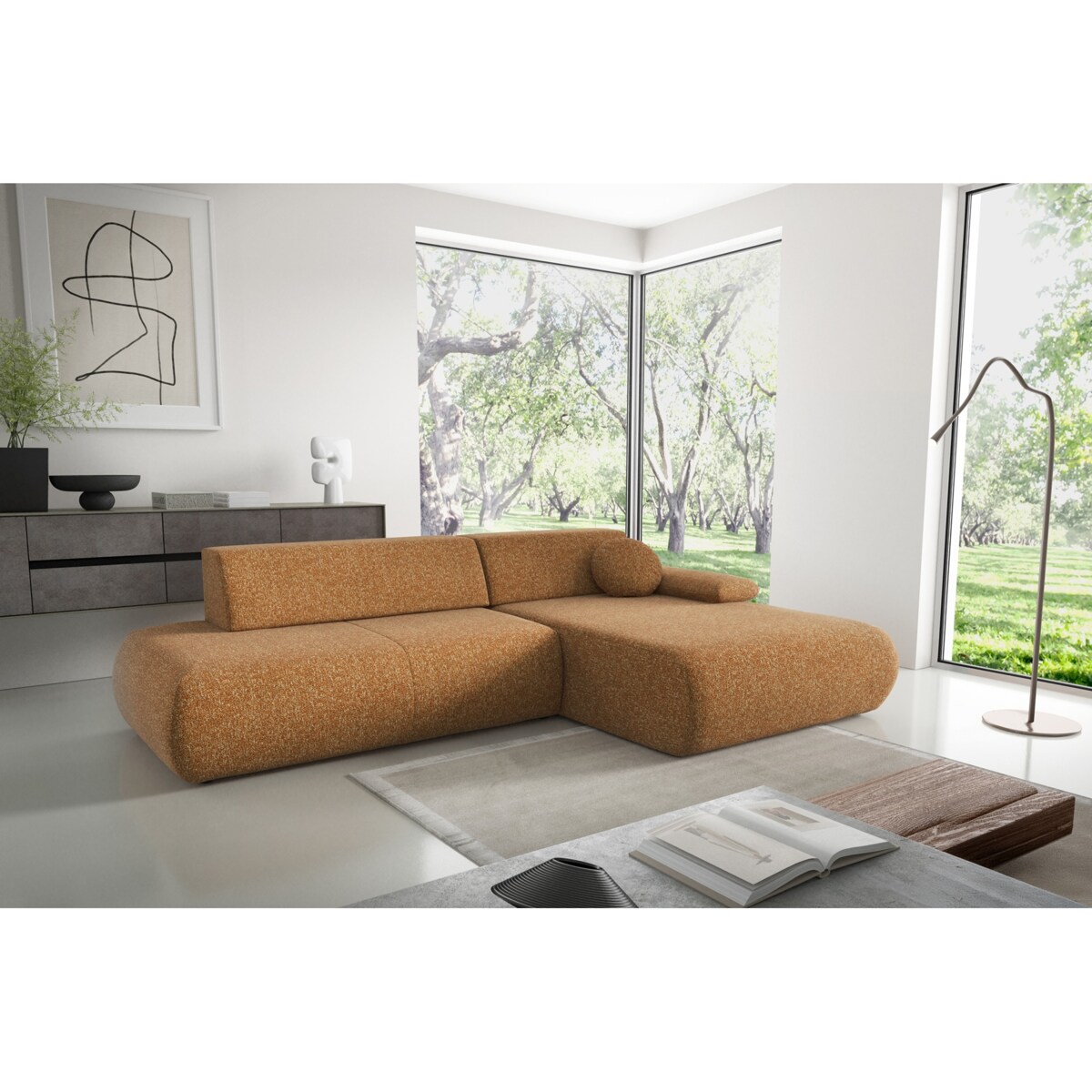 Narożnik rozkładany PENTI z pojemnikiem na pościel, prawy, pomarańczowy