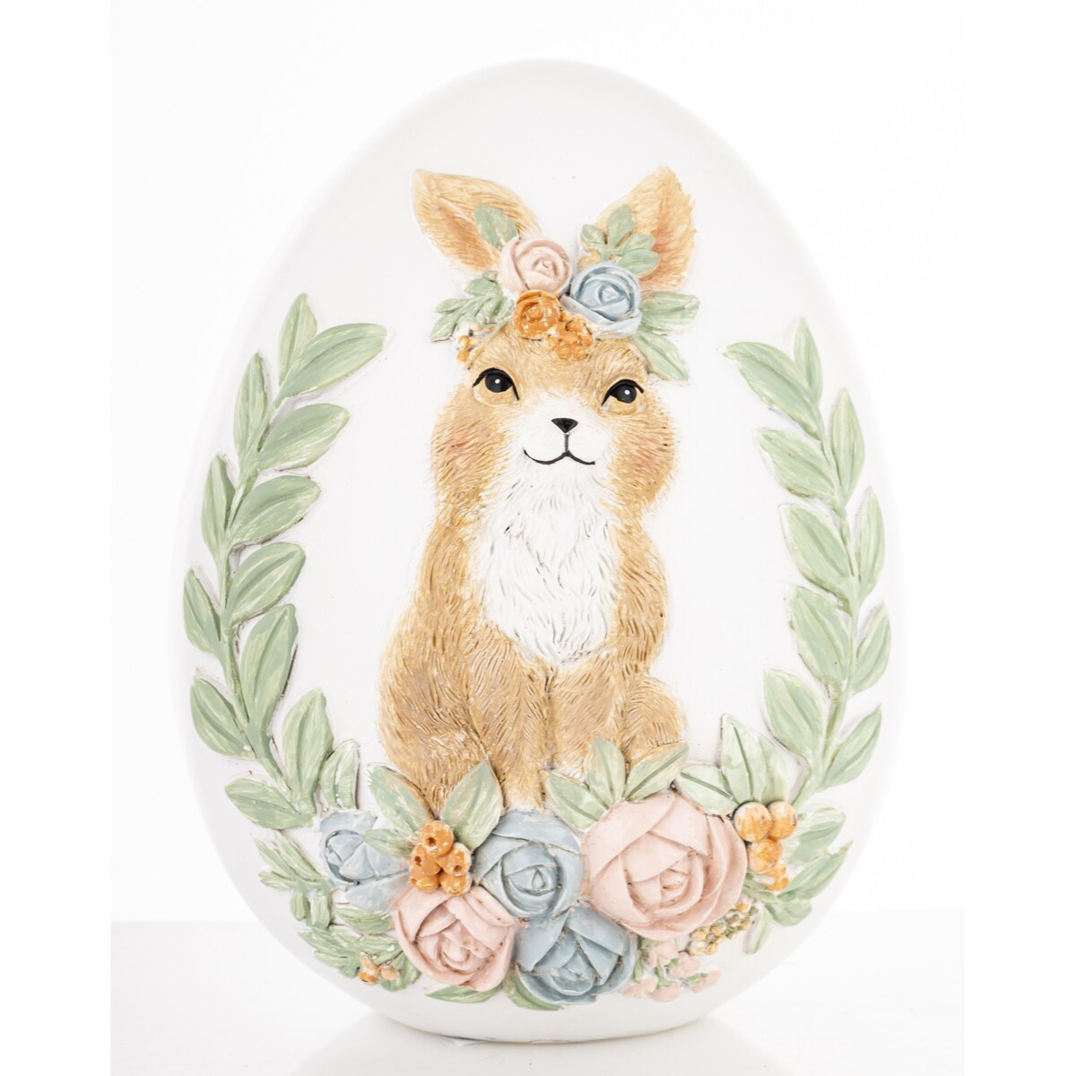 Dekoracja - jajko ozdobne 18x13x13 cm PISANKA biała z króliczką i kwiatami