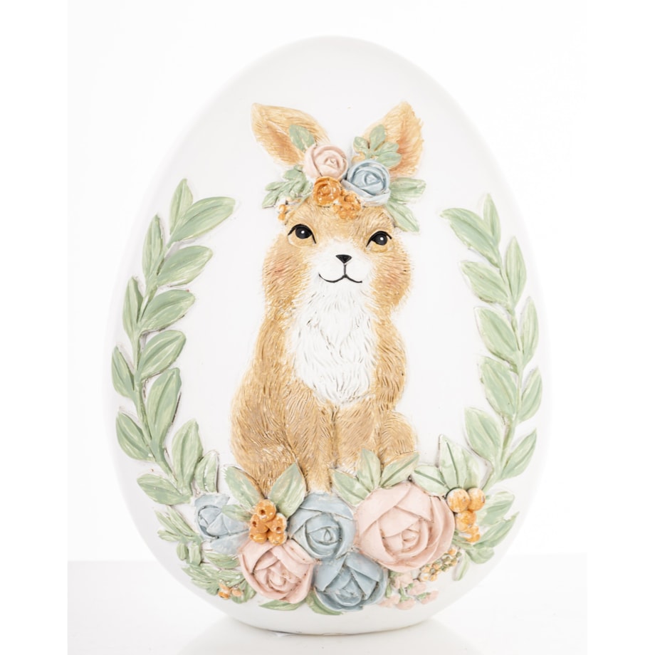 Dekoracja - jajko ozdobne 18x13x13 cm PISANKA biała z króliczką i kwiatami