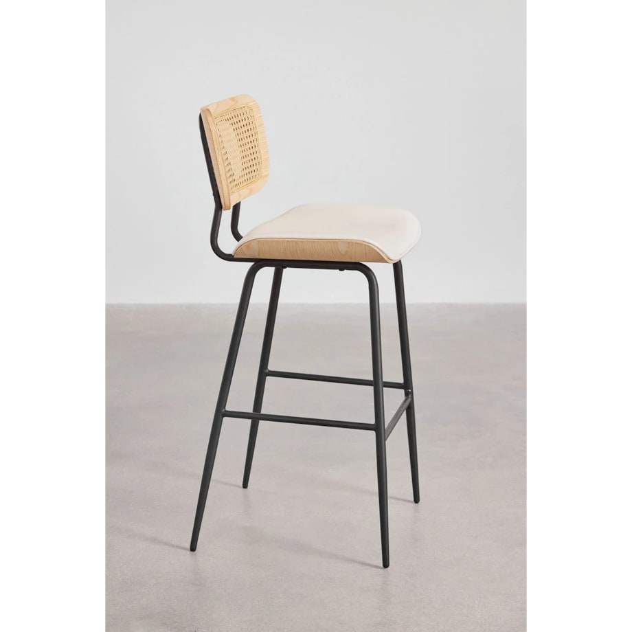 Krzesło barowe z drewna, rattanu i ekoskóry białej Raysa naturalne 75 cm