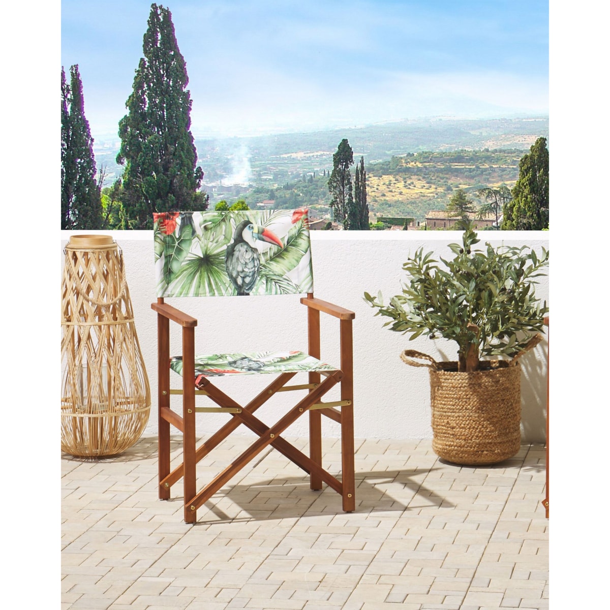 Zestaw 2 krzeseł ogrodowych akacjowy ciemne drewno z białym / wzór w tukany CINE