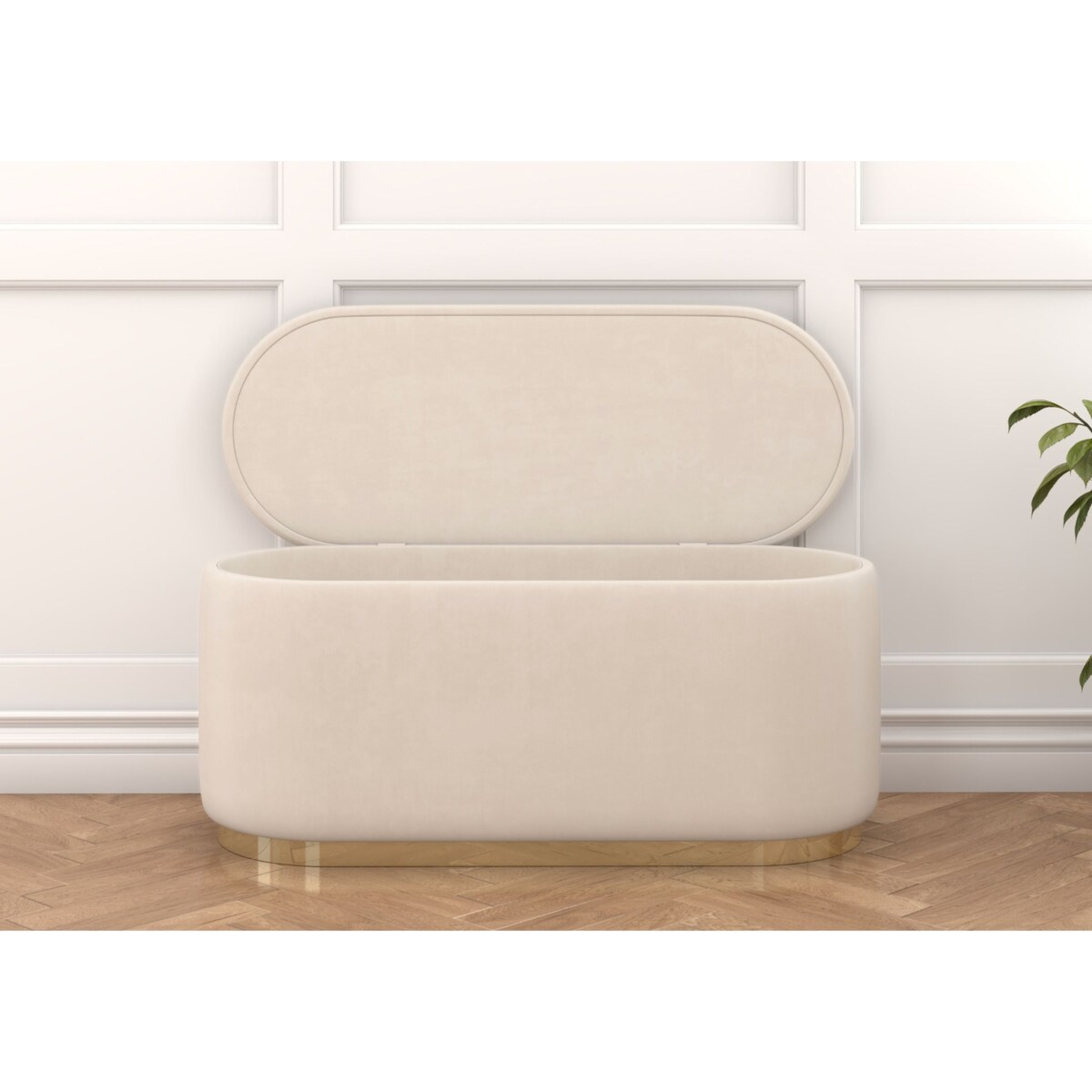 Tapicerowany owalny puf ze schowkiem Dancan SCARLETT na złotej podstawie / szer. 110 cm / beżowy