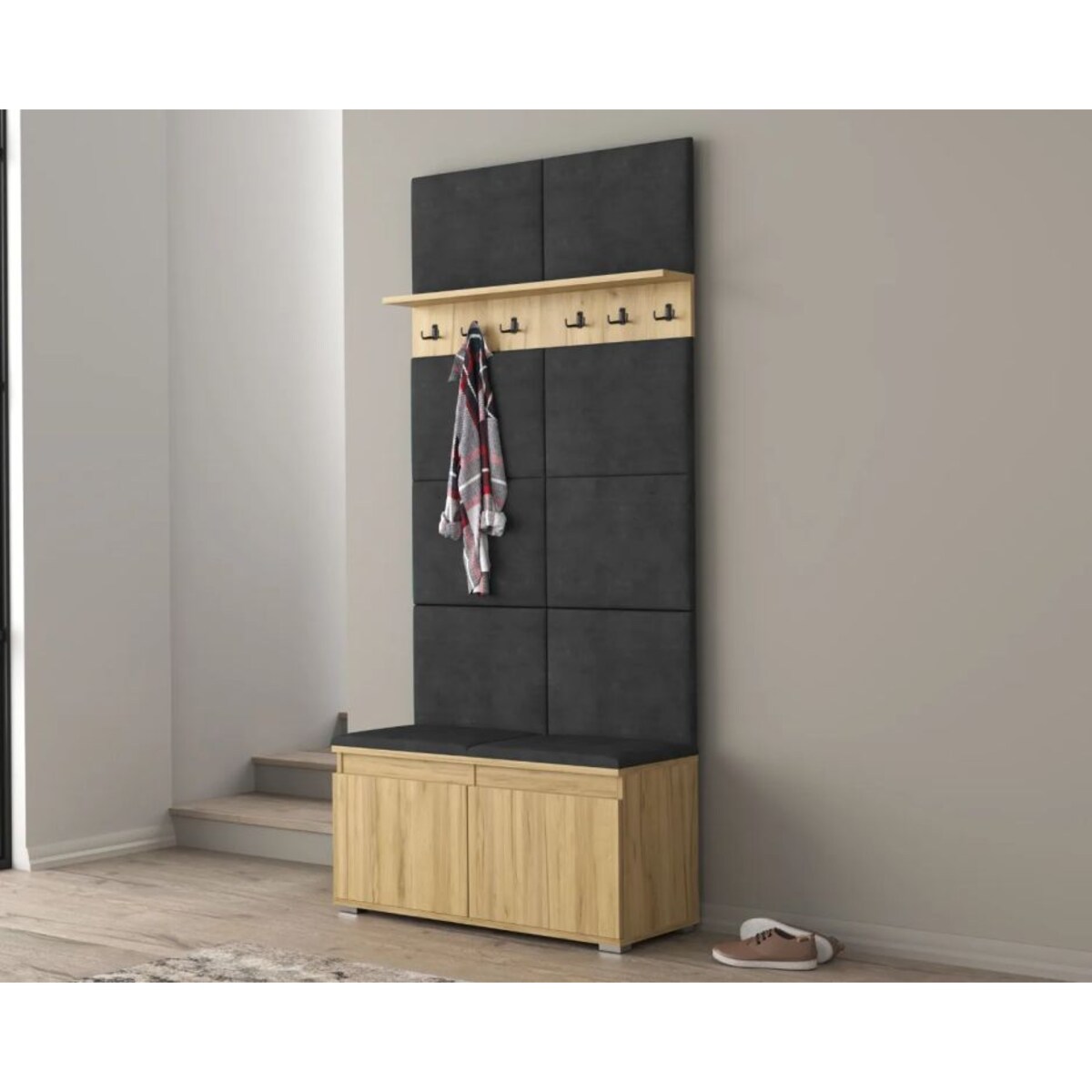 Szafka na buty z siedziskiem i wieszakiem SINGAPUR 100 dąb craft/szara