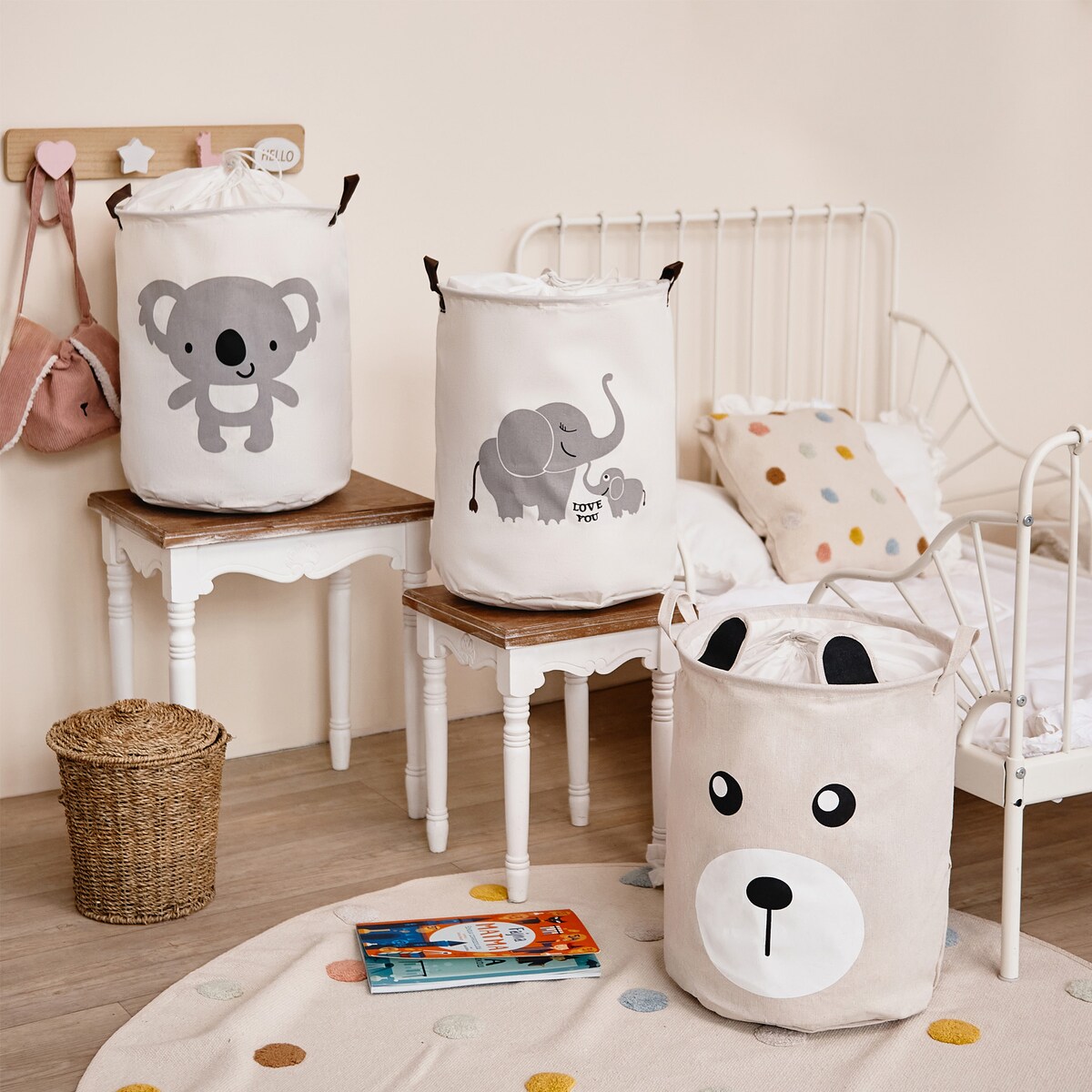bawełniany kosz na zabawki sipo, zamykany na ściągacz, słoniki, xl