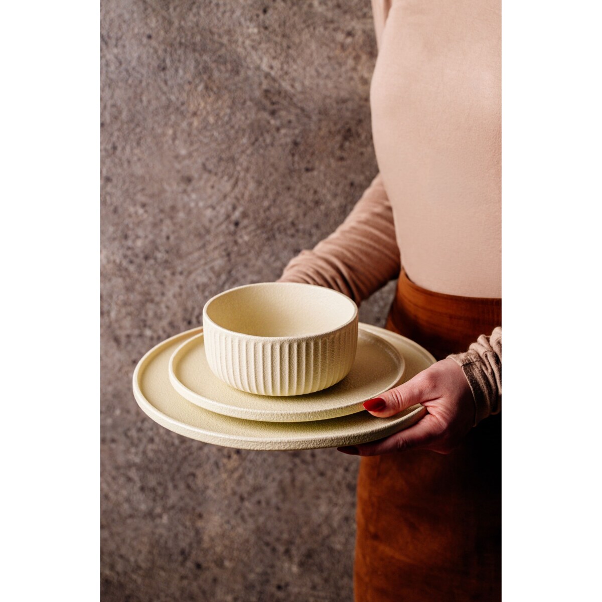 Serwis obiadowy Anun beżowy na 12 osób 36 szt. Nowoczesny Do zmywarki Komplet talerzy