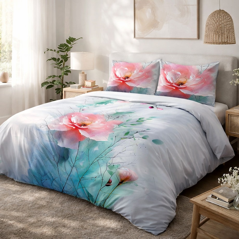 Pościel satyna bawełniana 220x200 Roselle szara i zielona w różowe kwiaty, Satynlove Premium