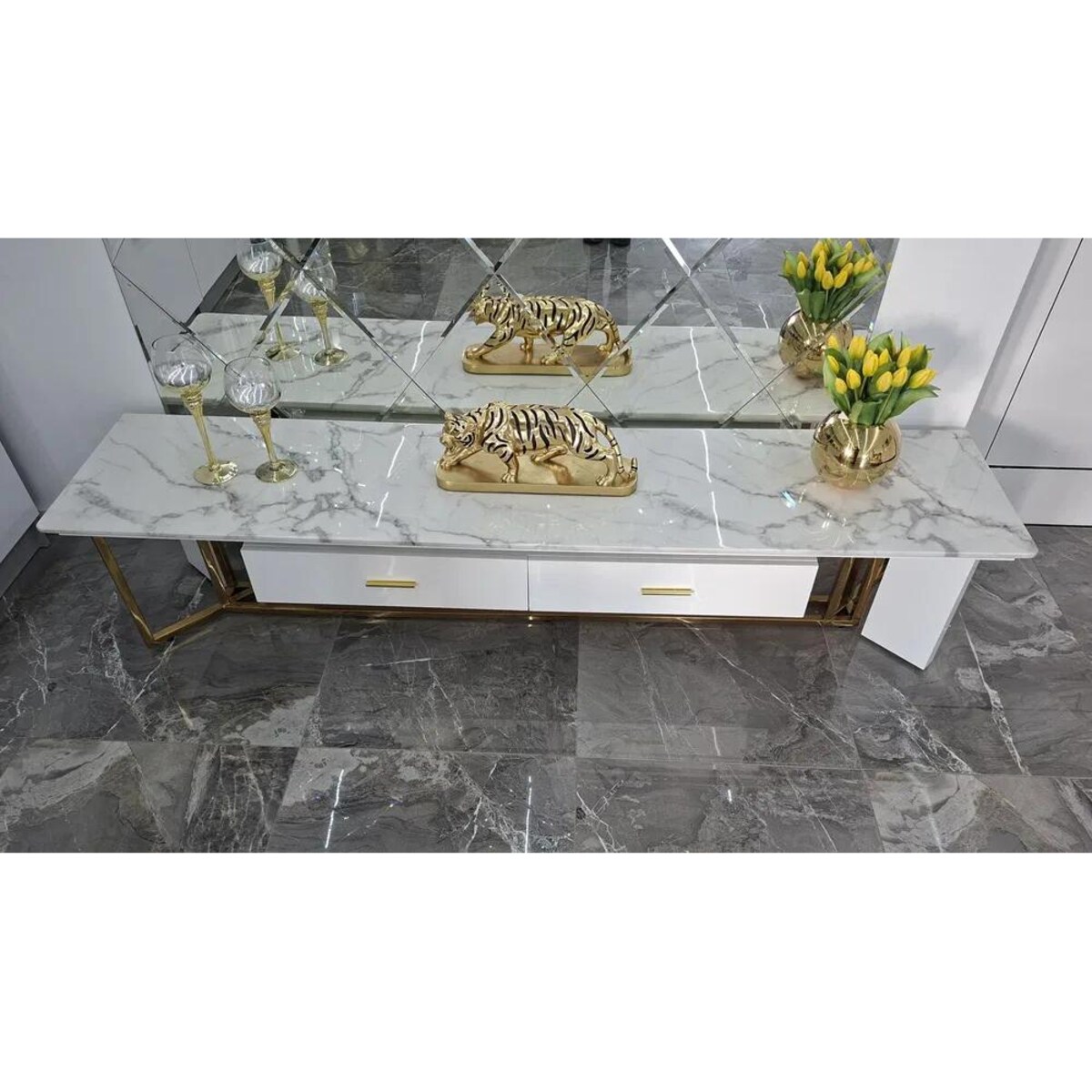 Szafka RTV złota Italiano Glamour Premium z blatem marmurowym 200x45x42