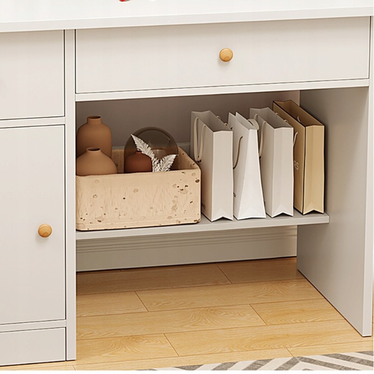 Toaletka z lustrem z szufladami biała do makijażu glamour styl skandynawski