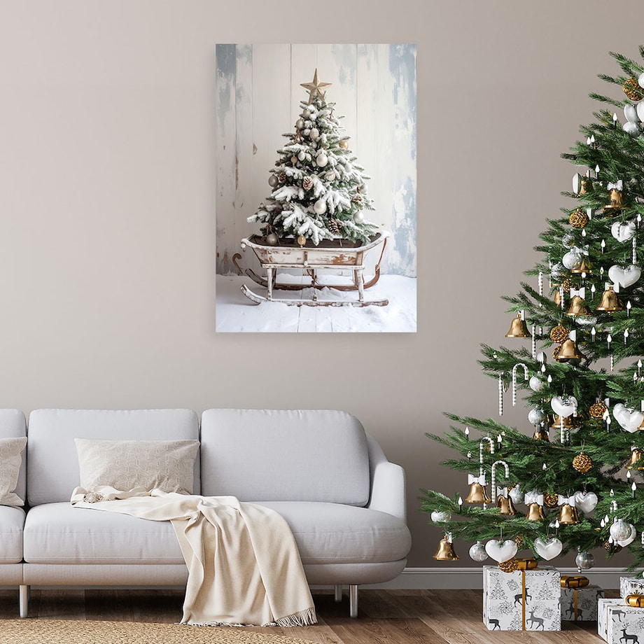Obraz do salonu jadalni biura, Choinka święta prezenty sanki