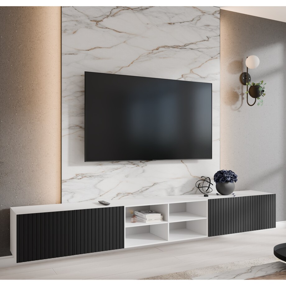 Szafka RTV RIO 300 cm otwarta z półkami, ryflowana- biały+czarny