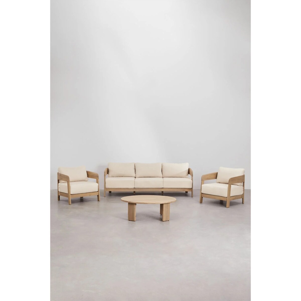 Zestaw ogrodowy: 3-osobowa sofa, 2 fotele i stolik kawowy z drewna akacjowego Uleno
