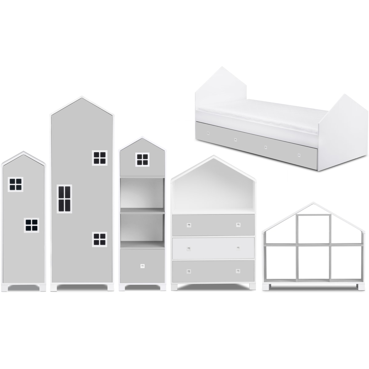 KONSIMO MIRUM Zestaw mebli w kształcie domku dla dzieci w kolorze szarym składający się z 6 elementów