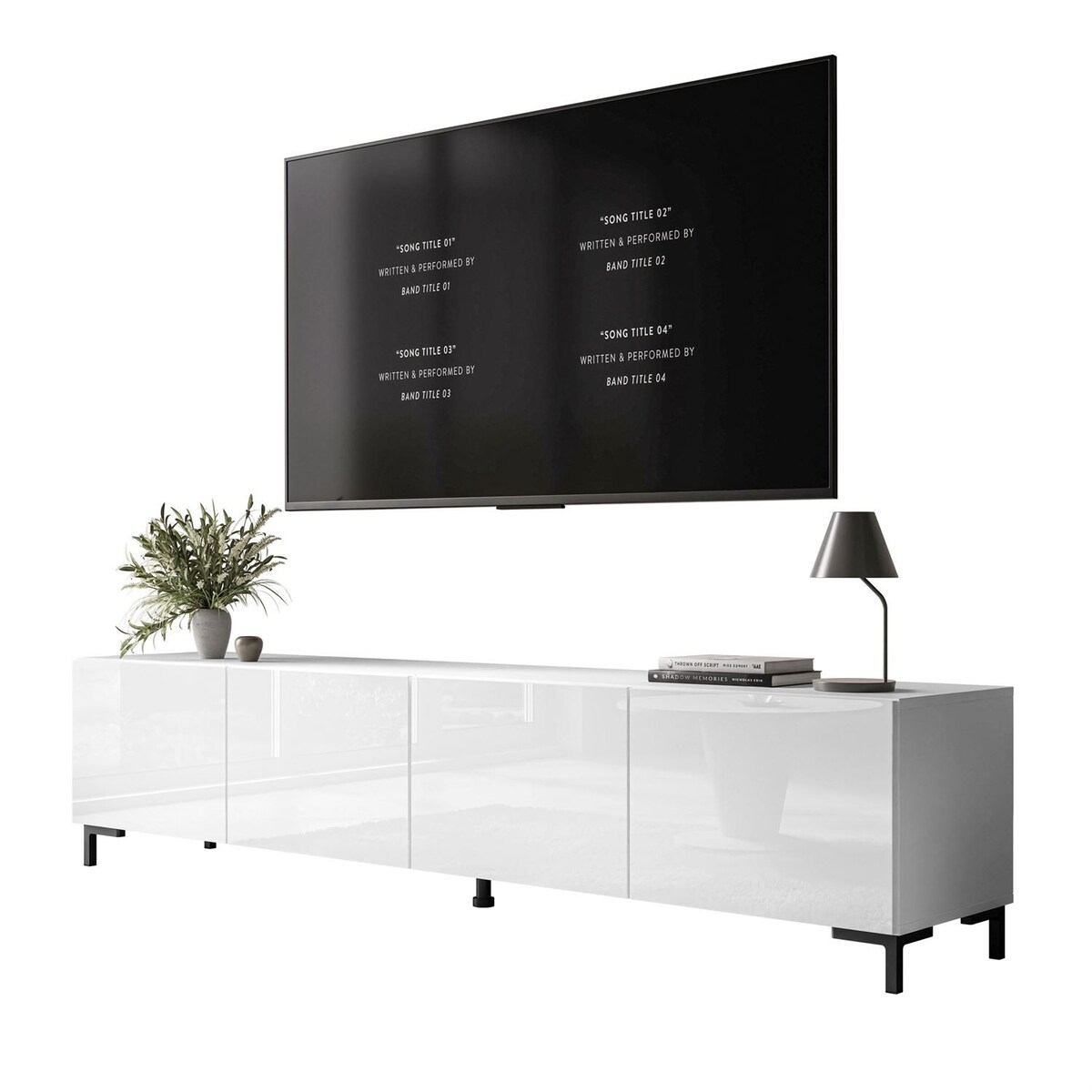 Szafka RTV COLGANTE 200 cm biały połysk nogi czarne plastikowe