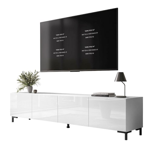 Szafka RTV COLGANTE 200 cm biały połysk nogi czarne plastikowe