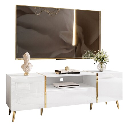 Szafka RTV ONYX na złotych nóżkach wysoki połysk 158 cm, biały połysk, push-to-open