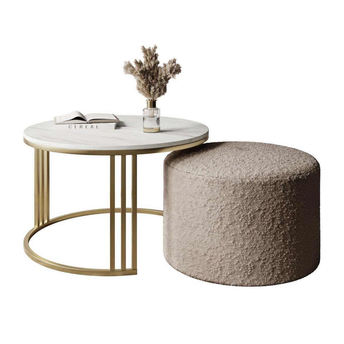 Stolik kawowy z pufą LORI MAT złoto szczotkowane, Marmur Levanto / Coral 50