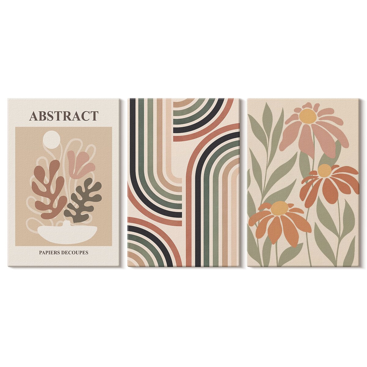 Zestaw 3 małych obrazów na płótnie - Abstrakcyjne rośliny w pastelach - pomarańczowy