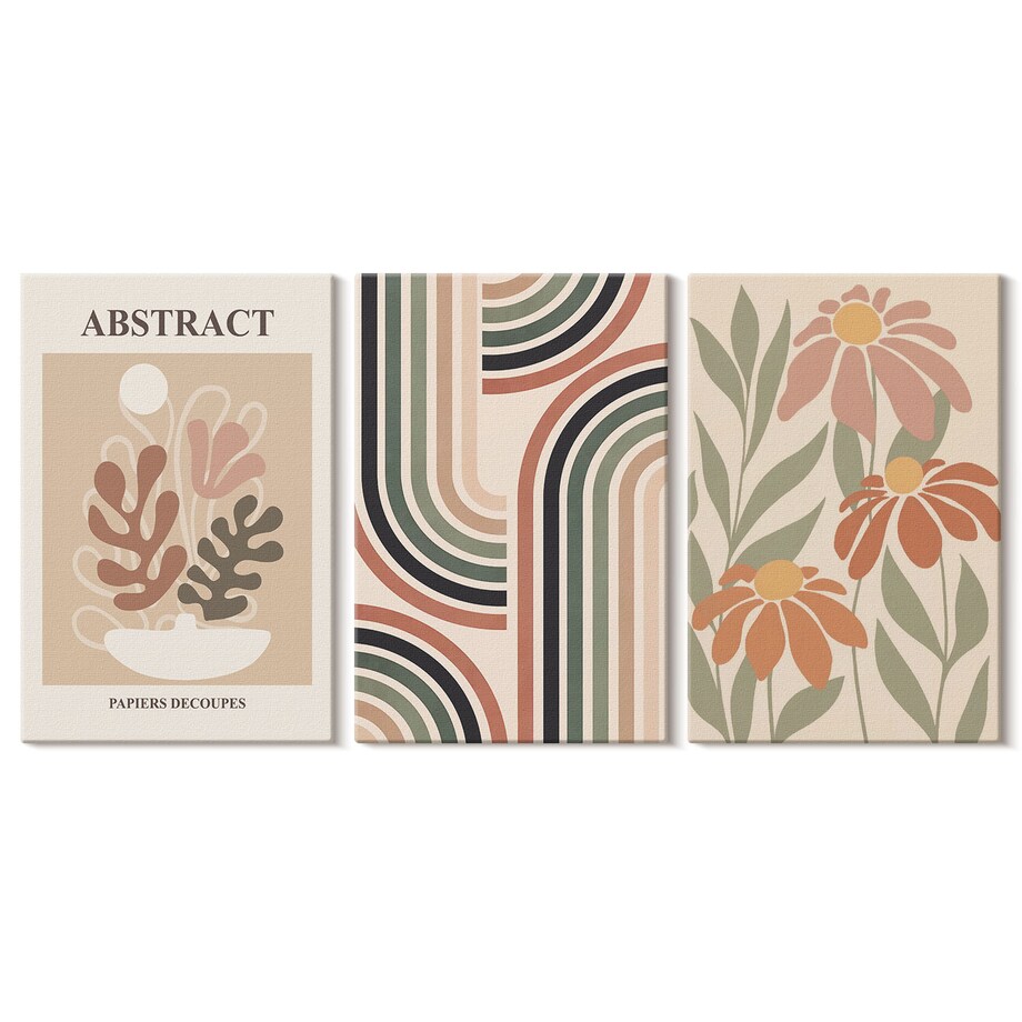 Zestaw 3 małych obrazów na płótnie - Abstrakcyjne rośliny w pastelach - pomarańczowy