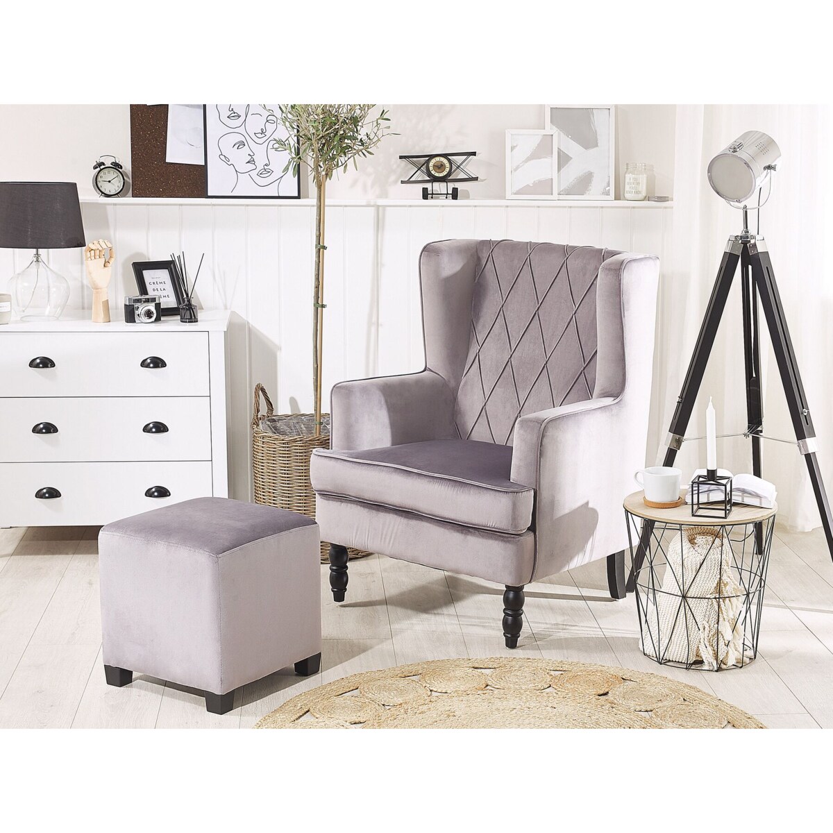 Fotel welurowy z podnóżkiem szary SANDSET