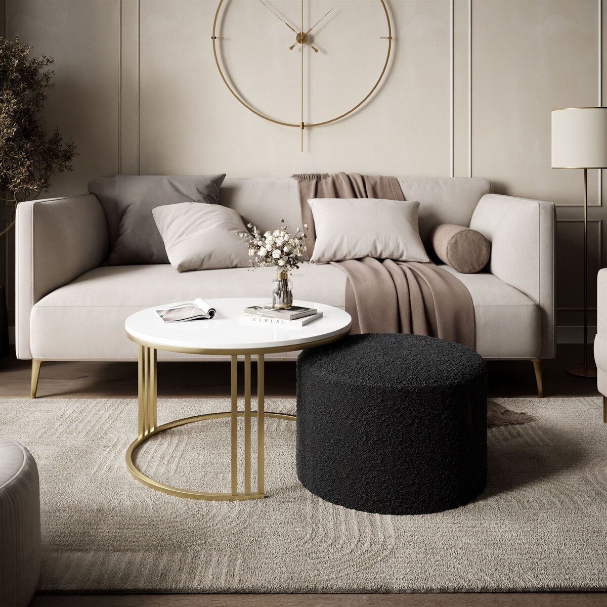 Stolik kawowy z pufą LORI POŁYSK złoto szczotkowane, biały / Coral 60