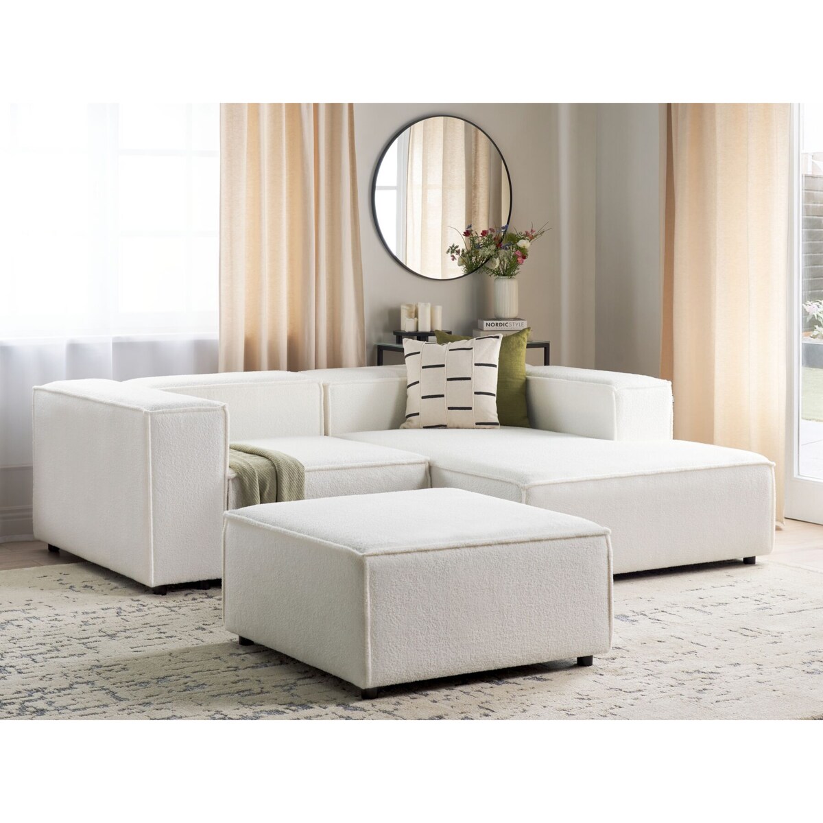 Narożnik modułowy ARDAL Boucle Biały z otomaną dla 2 osób Lewostronny