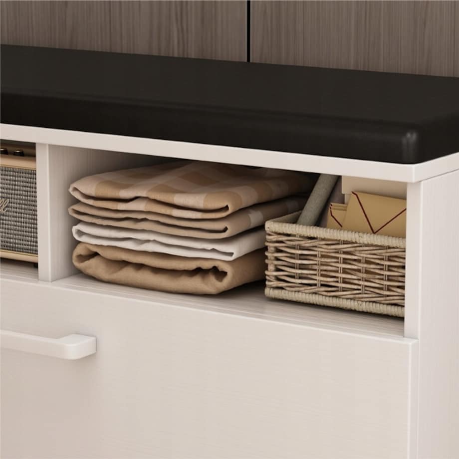 Szafka na buty biała z siedziskiem I schowkiem przedpokój 6 półek otwierana