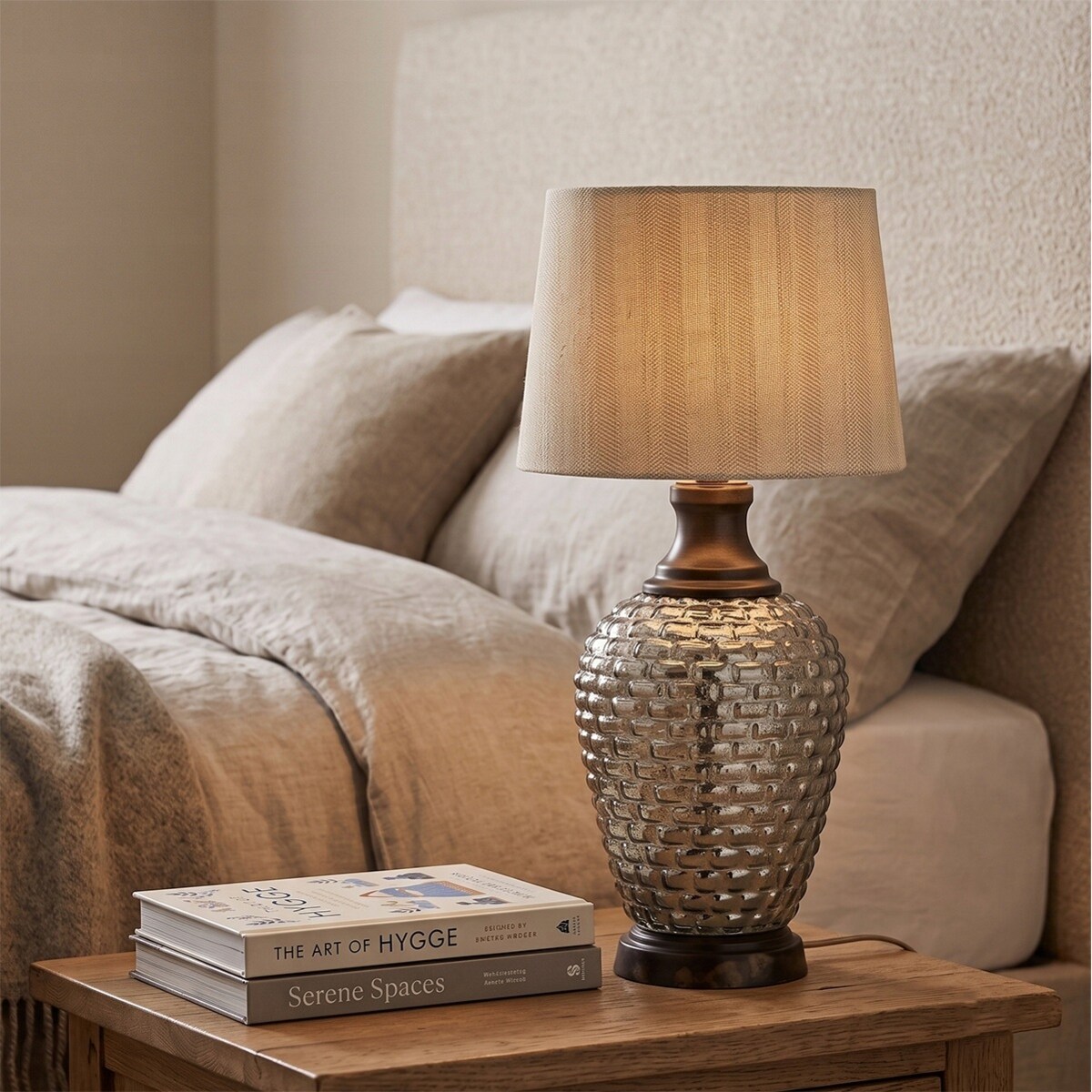 LAMPA STOŁOWA BIURKOWA NOCNA SZKLANA DREWNIANA RETRO LOFT BOHO E27 50cm