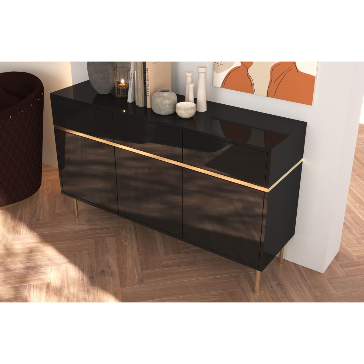 Elegancka czarna komoda Dancan MARIKA ze złotymi dodatkami