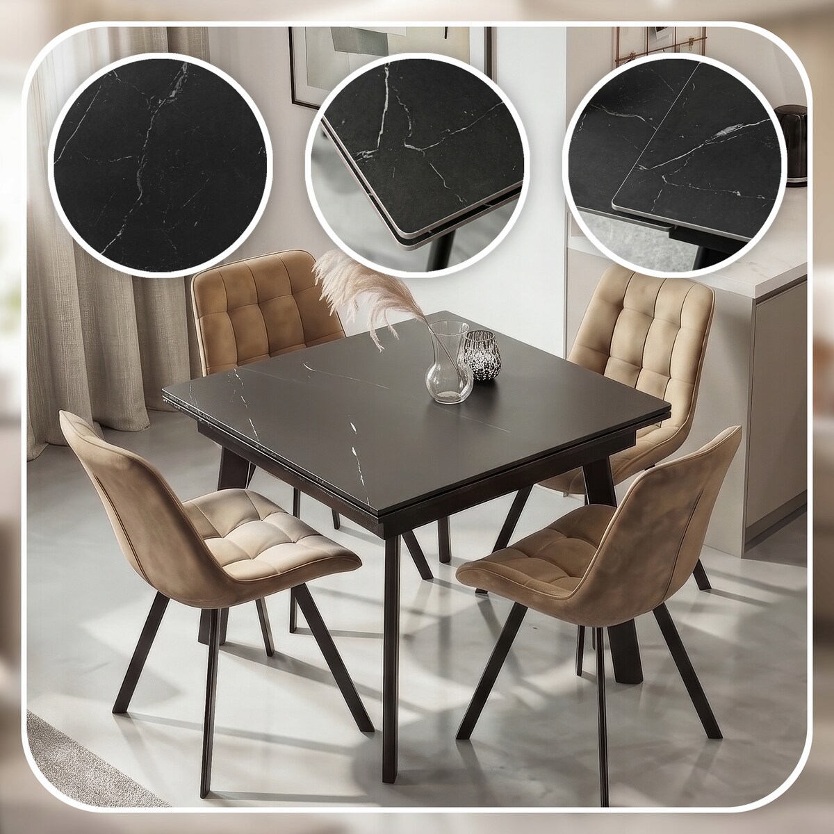 Stół ceramiczny rozkładany do jadalni czarny 90-150 cm LARES