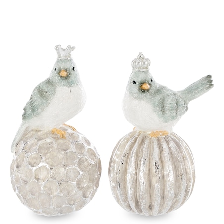 Dekoracja - 2 ptaszki w koronach siedzących na bombkach 16,5x8,5 cm SILVER