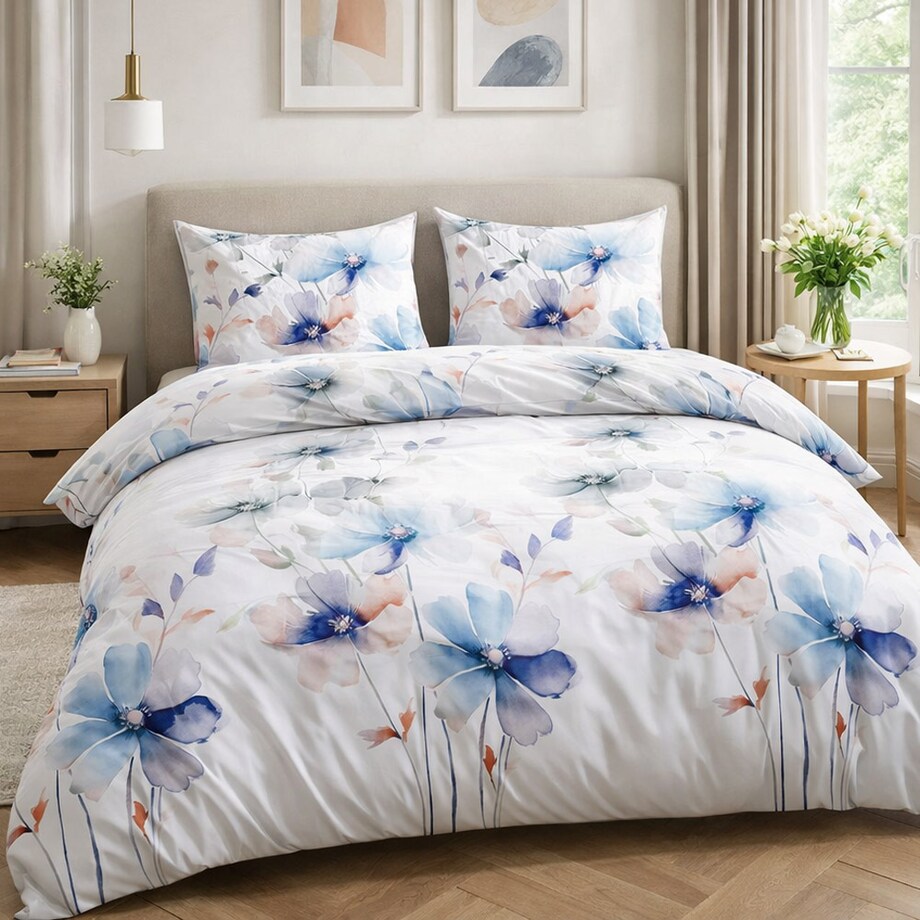 Pościel satyna bawełniana 140x200 Lunara biała w duże pastelowe niebieskie kwiaty, Satynlove