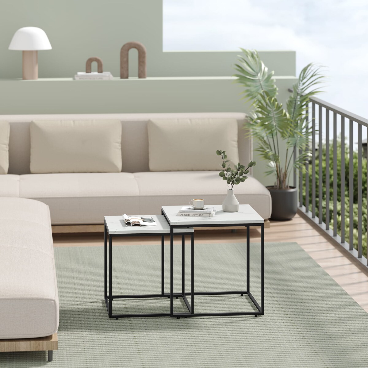 Stolik Kawowy Kwadrat 2Szt Marmur, Czarny