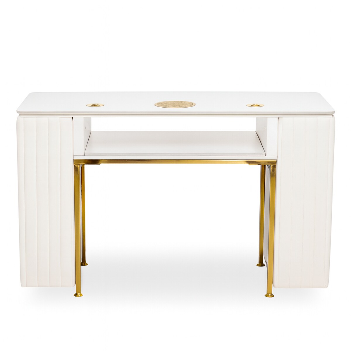 Biurko kosmetyczne z otworem na pochłaniacz biało-złote 130x45x78