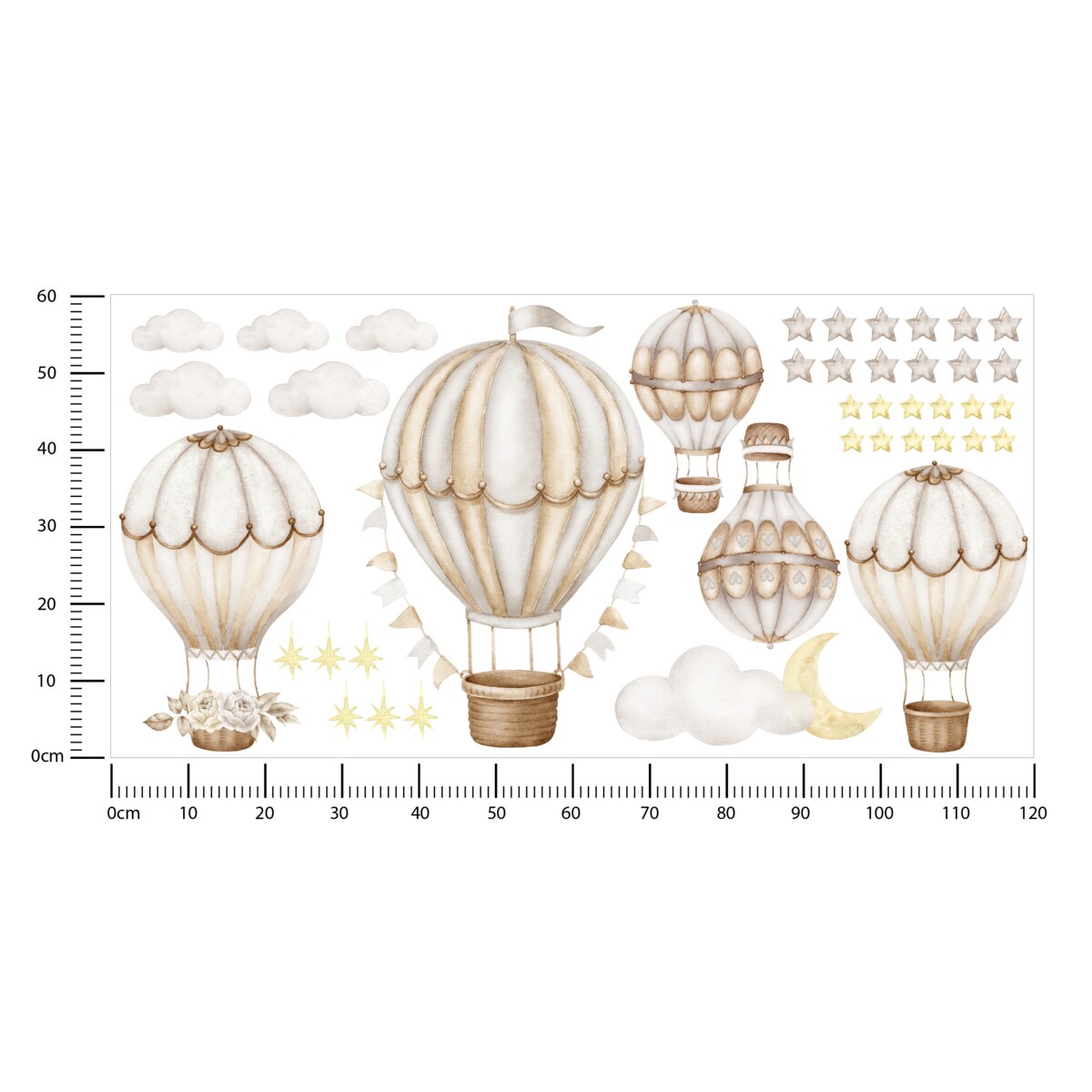 Naklejki Ścienne Dla Dzieci BALONY Chmurki Gwiazdy ZESTAW Styl Skandynawski 120x60cm