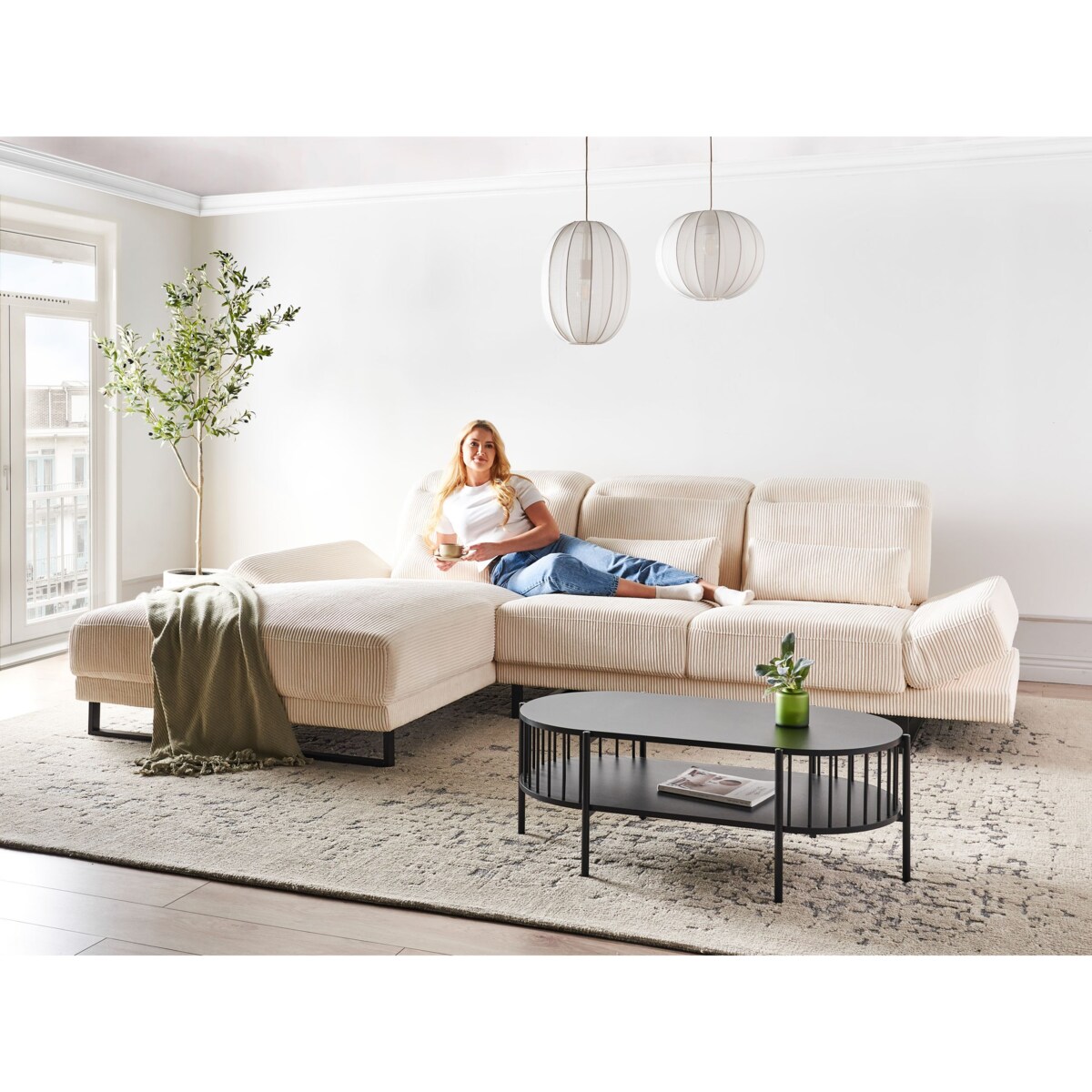 Narożnik IKAST Sztruks Beżowy dla 4 osób Prawostronny