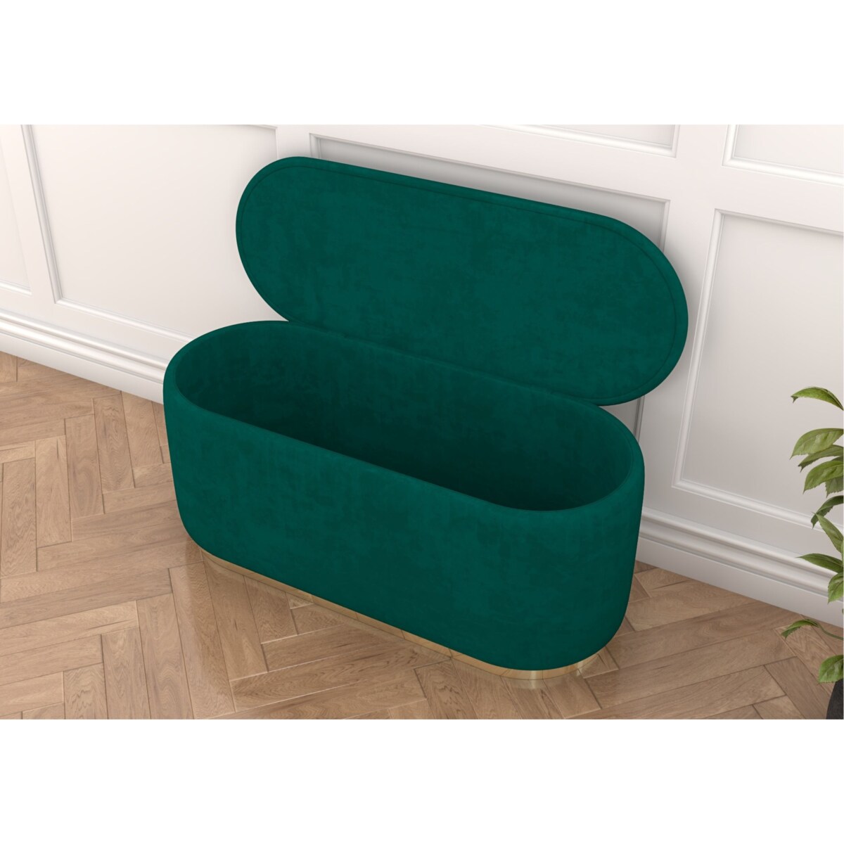 Tapicerowany owalny puf ze schowkiem Dancan SCARLETT na złotej podstawie / szer. 110 cm / zielony