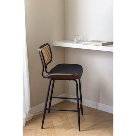 Krzesło barowe z drewna, rattanu i ekoskóry czarnej Raysa brązowe