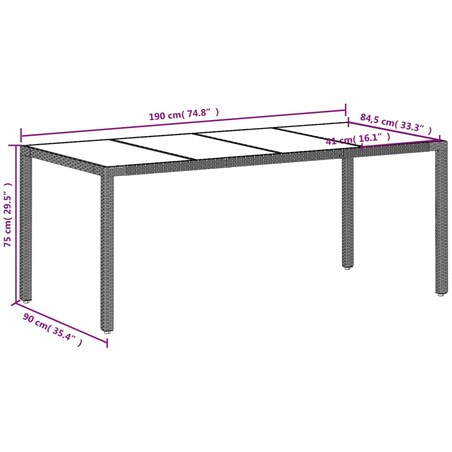 vidaXL Stół ogrodowy ze szklanym blatem, szary 190x90x75 cm, rattan PE