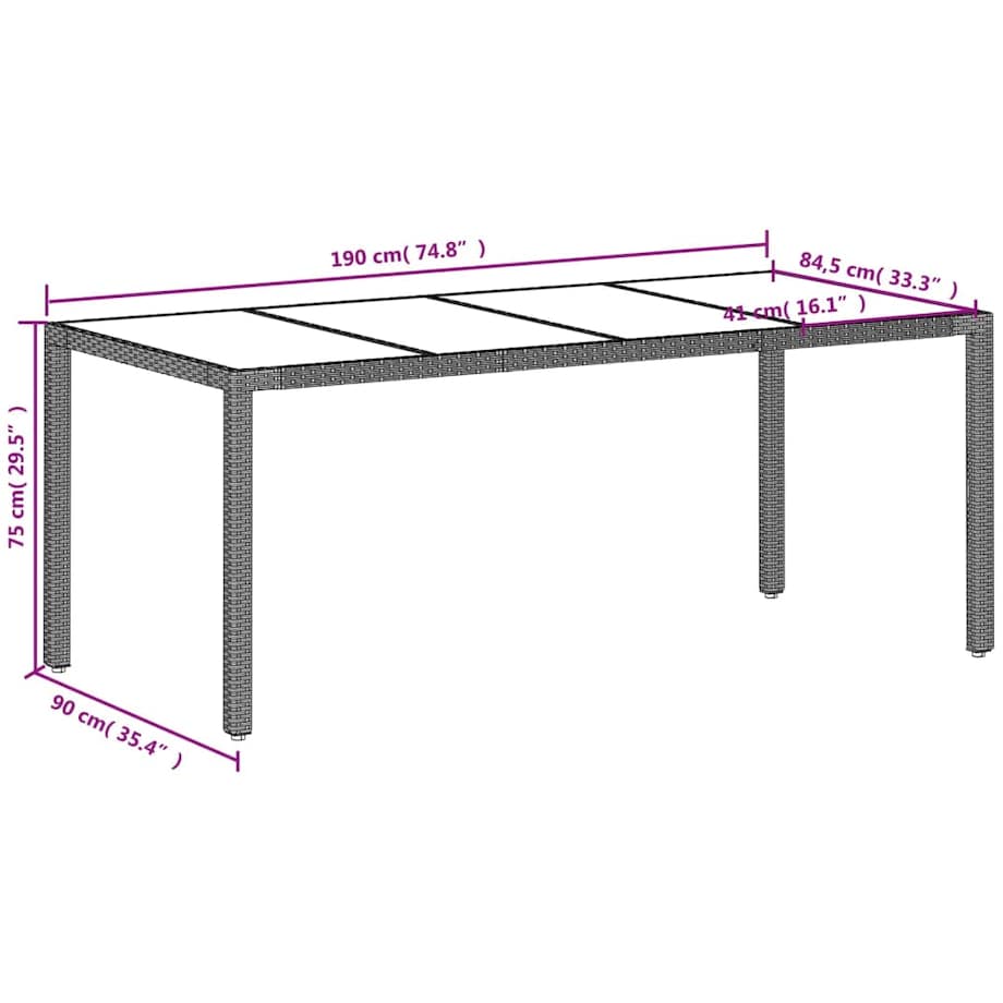 vidaXL Stół ogrodowy ze szklanym blatem, szary 190x90x75 cm, rattan PE