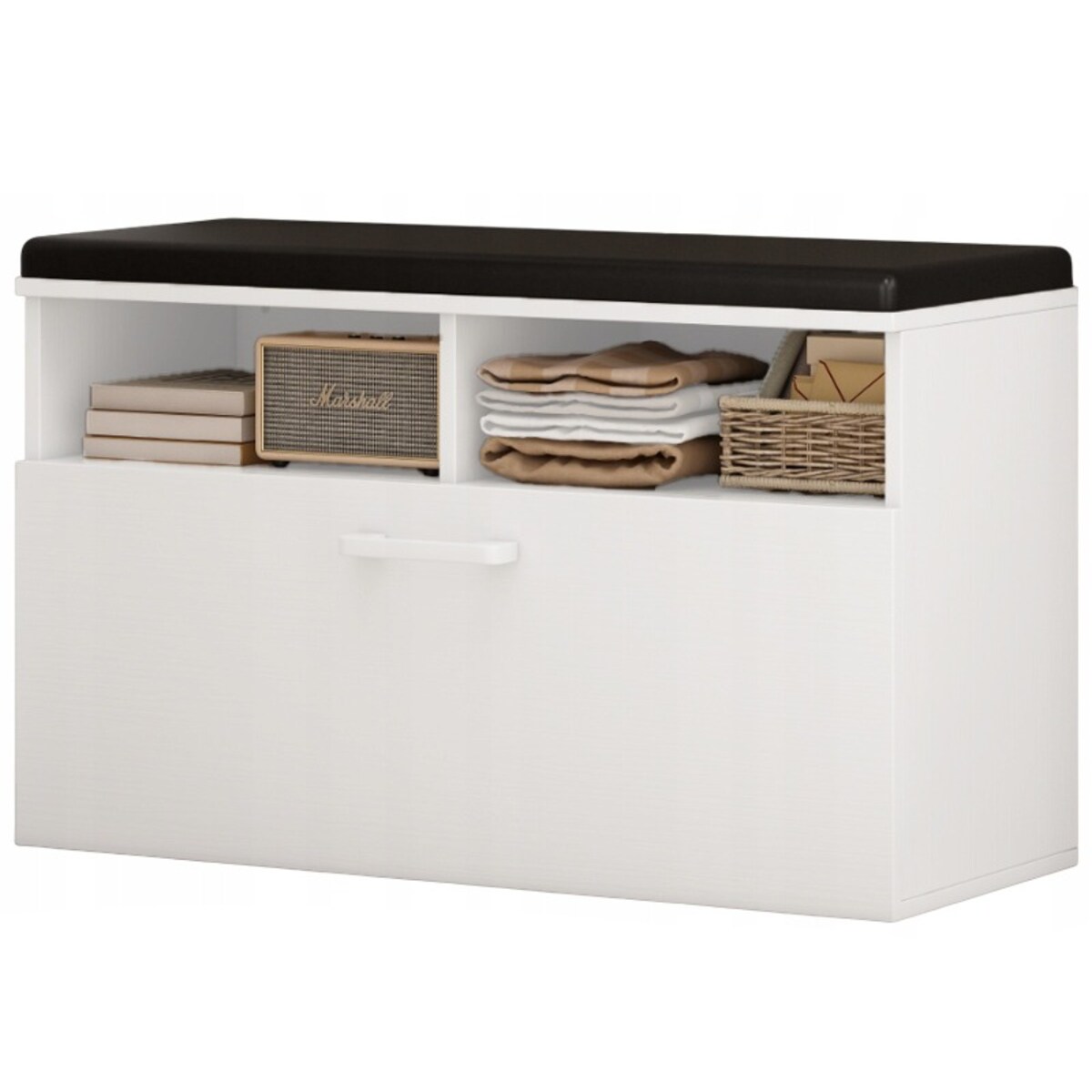 Szafka na buty biała z siedziskiem I schowkiem przedpokój 6 półek otwierana