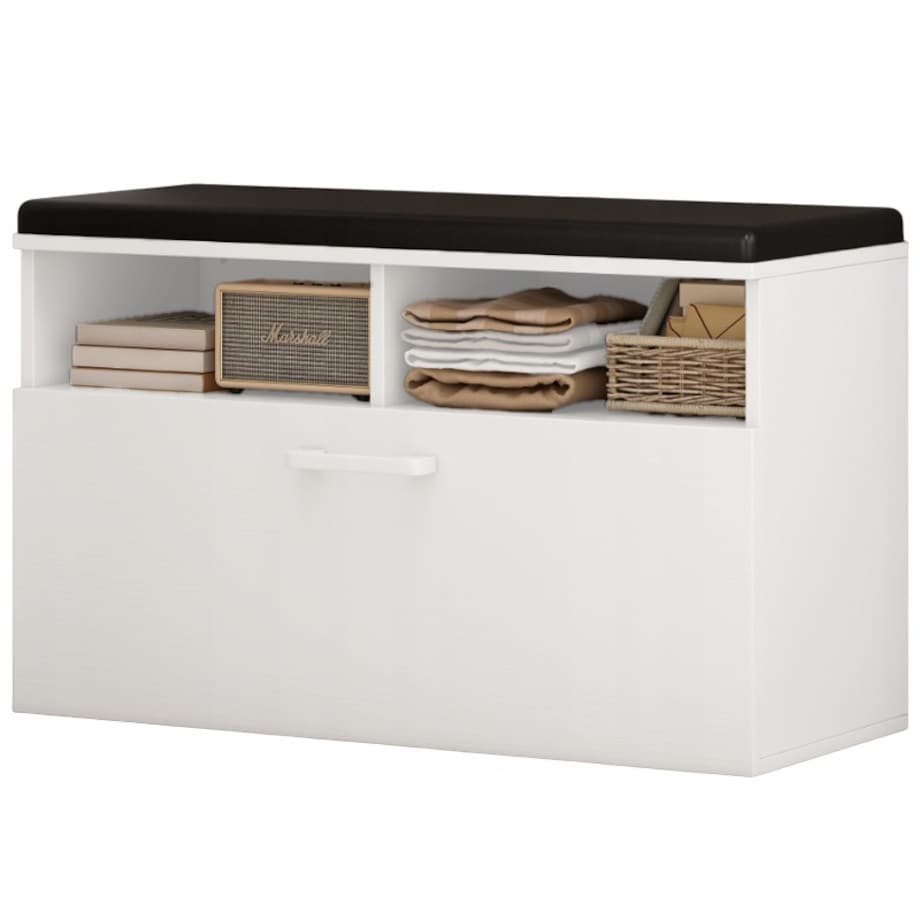 Szafka na buty biała z siedziskiem I schowkiem przedpokój 6 półek otwierana