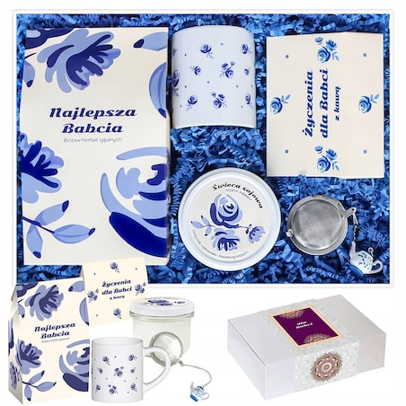 ZESTAW PREZENTOWY UPOMINKOWY BOX PREMIUM NA DZIEŃ BABCI KAWY HERBATY SYPANE KUBEK ŚWIECA SOJOWA ZAPACHOWA ZAPARZACZ PREZENT UPOMINEK