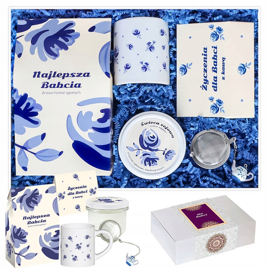 ZESTAW PREZENTOWY UPOMINKOWY BOX PREMIUM NA DZIEŃ BABCI KAWY HERBATY SYPANE KUBEK ŚWIECA SOJOWA ZAPACHOWA ZAPARZACZ PREZENT UPOMINEK