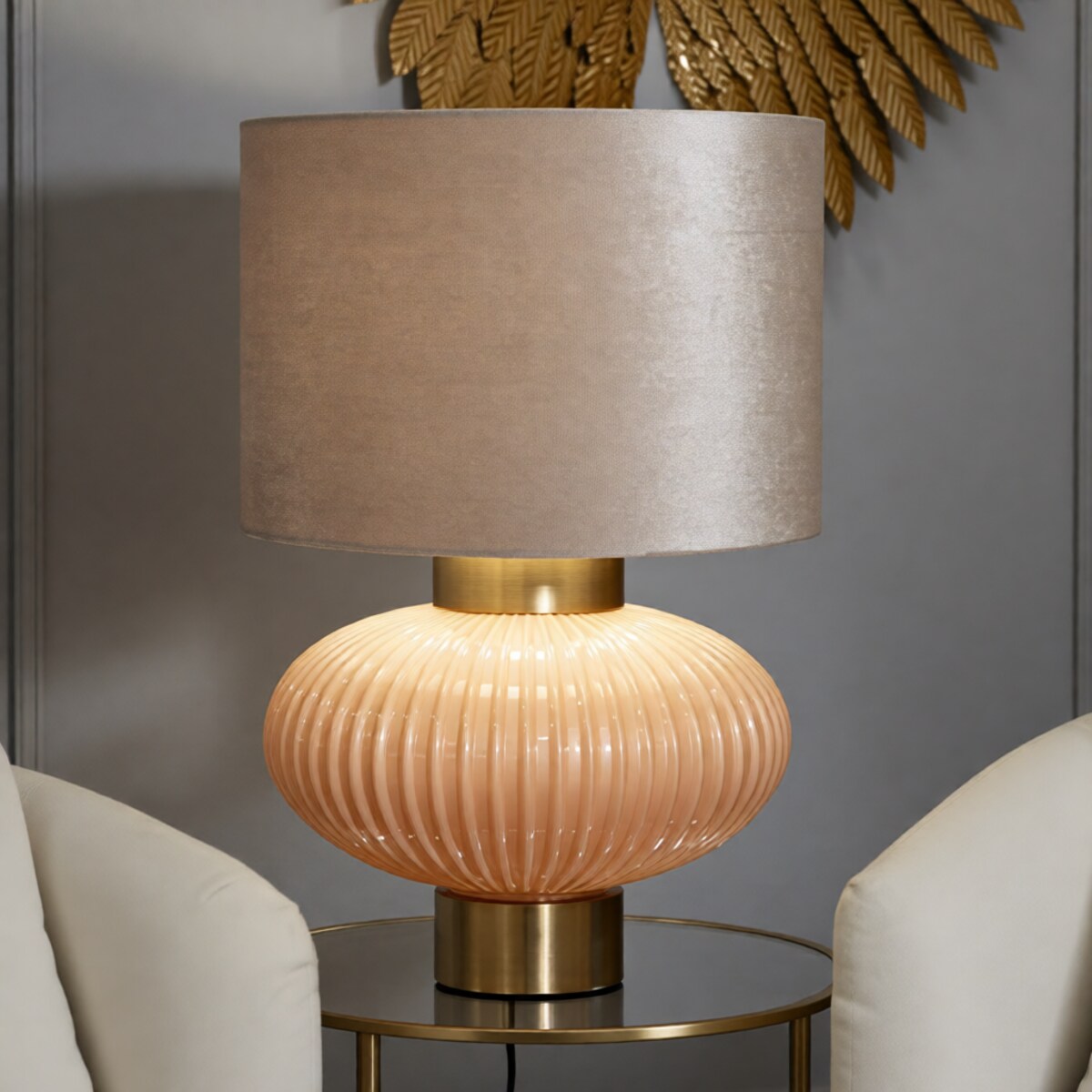 Lampa stołowa Perly, kolor perłowy i złoty, szkło, żelazo i tkanina, 33 x 33 x 49 cm, 1 x E27, styl glamour, do salonu i sypialni, Mauro Ferretti