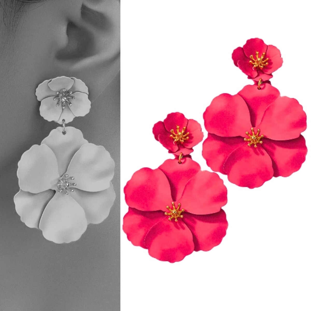 Kolczyki różowe odcień malinowy neonowy kwiaty wiszące TRENDY modne sztyfty