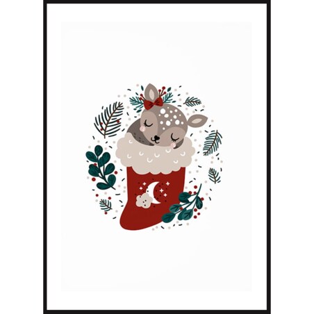 Poster Story, Plakat, Obraz - Słodki Jelonek w Świątecznej Skarpecie, wymiary 50 x 70 cm