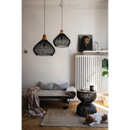 Rattanowa lampa z drewnem teakowym BAND w rozmiarze L - czarna