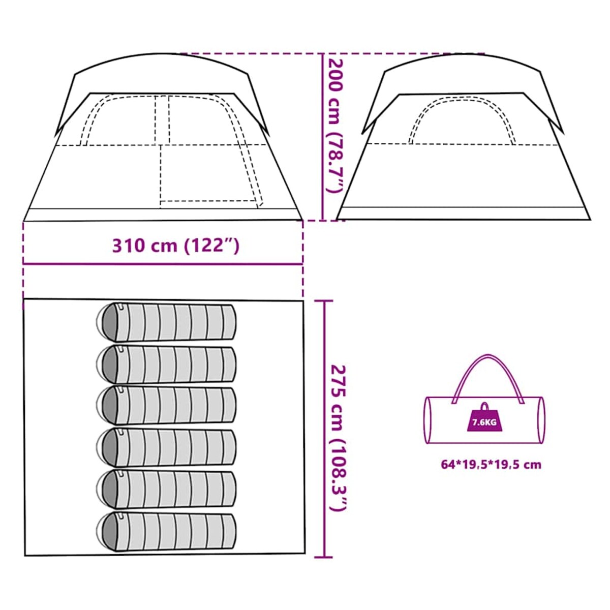 vidaXL Namiot rodzinny, 6-os., kabinowy, zielony, wodoszczelny