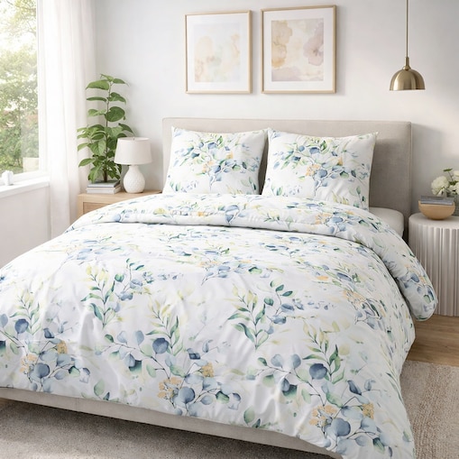 Pościel bawełniana 140x200 Silva biała z subtelnym wzorem zielonych i niebieskich liści, Cottonlove