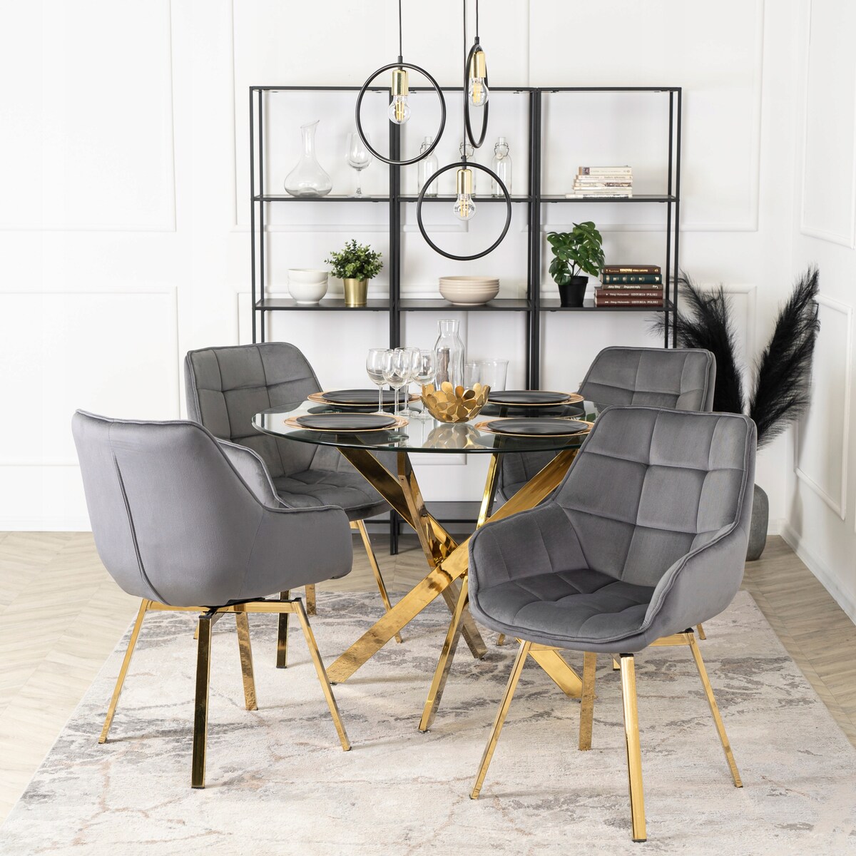 Krzesło Obrotowe Glamour Welurowe Tapicerowane Do Jadalni Salonu Szare MIA